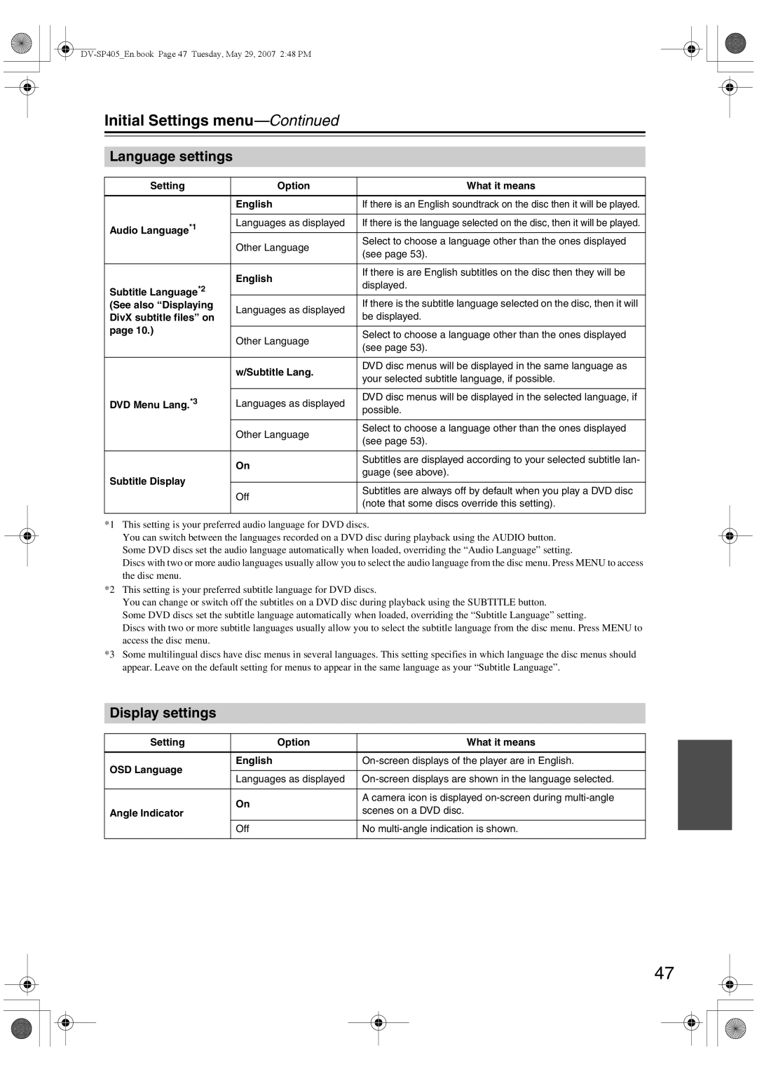 Onkyo DV-SP405 instruction manual Language settings, Display settings 