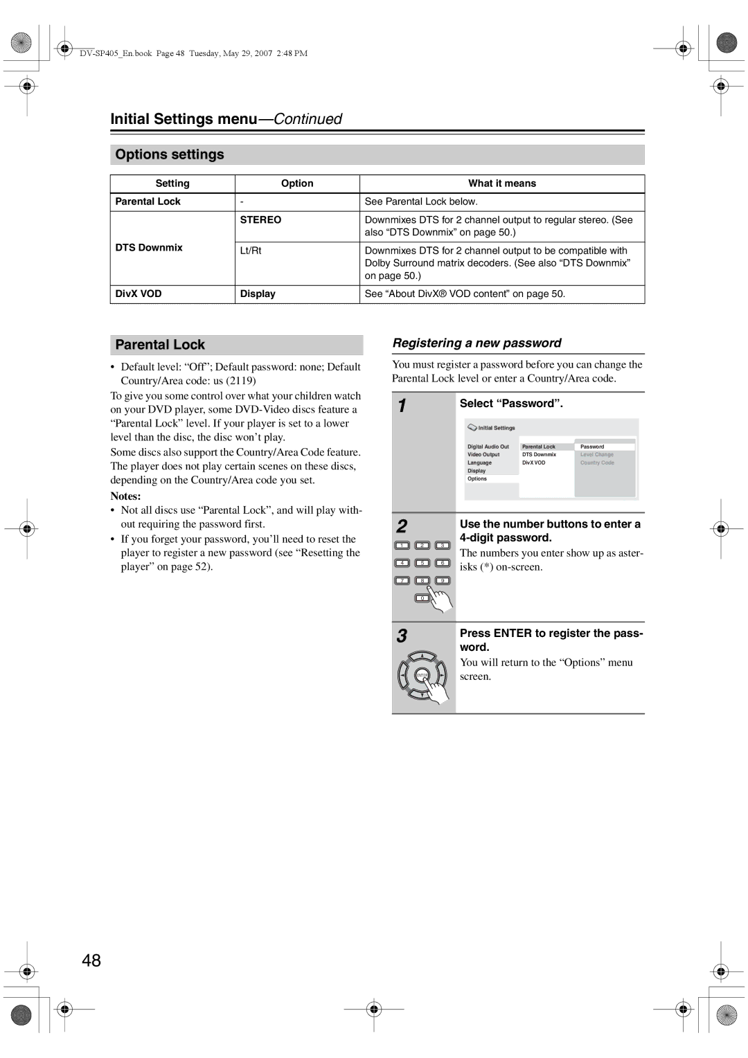 Onkyo DV-SP405 instruction manual Options settings, Parental Lock, Registering a new password 