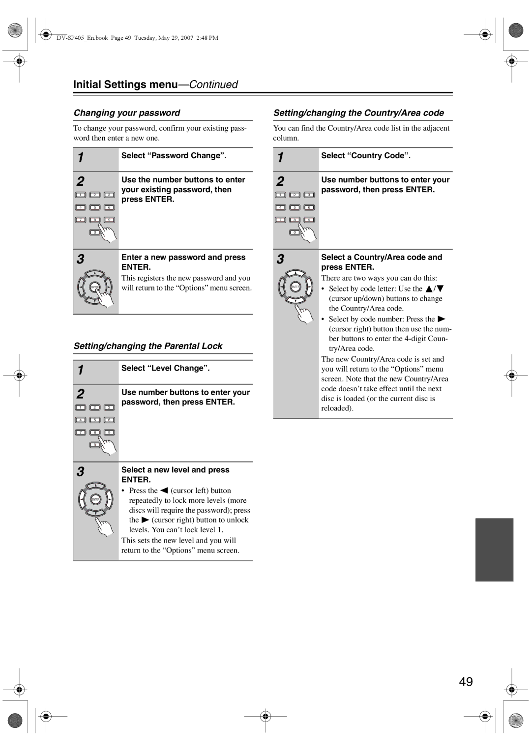 Onkyo DV-SP405 Changing your password, Setting/changing the Parental Lock, Setting/changing the Country/Area code 
