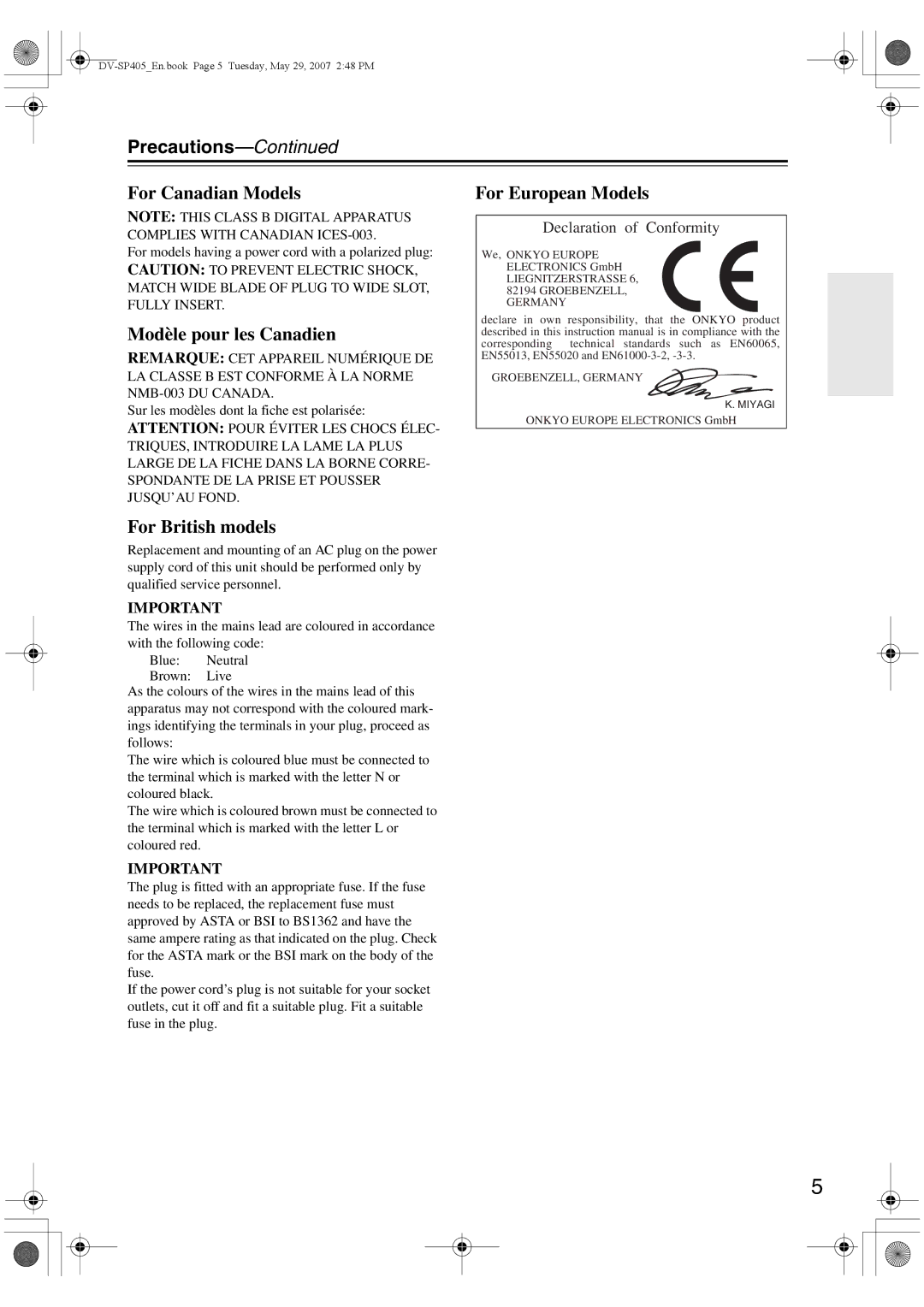 Onkyo DV-SP405 instruction manual For Canadian Models 