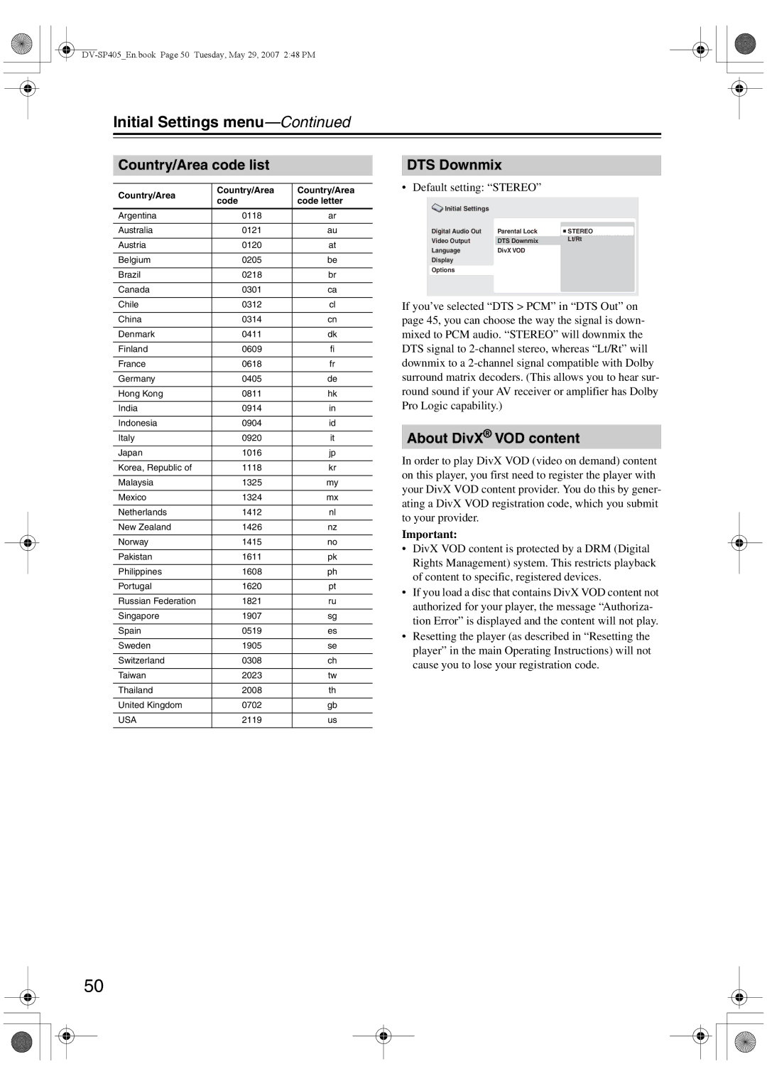 Onkyo DV-SP405 instruction manual Country/Area code list, DTS Downmix, About DivX VOD content 