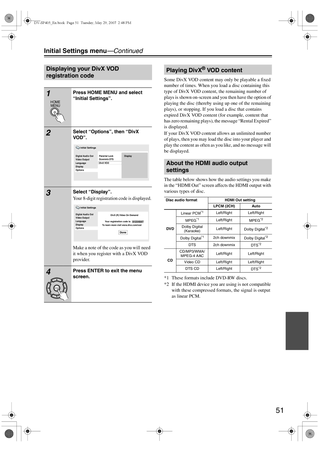 Onkyo DV-SP405 Displaying your DivX VOD registration code, Playing DivX VOD content, About the Hdmi audio output settings 
