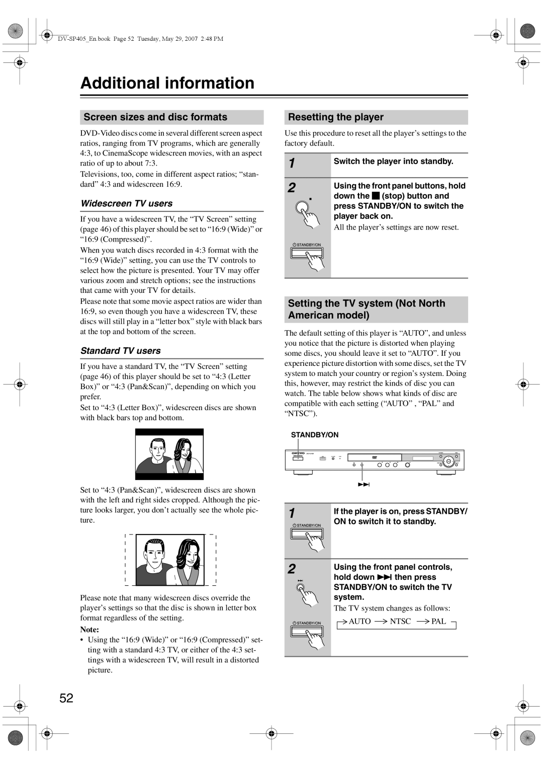 Onkyo DV-SP405 instruction manual Additional information, Screen sizes and disc formats, Resetting the player 