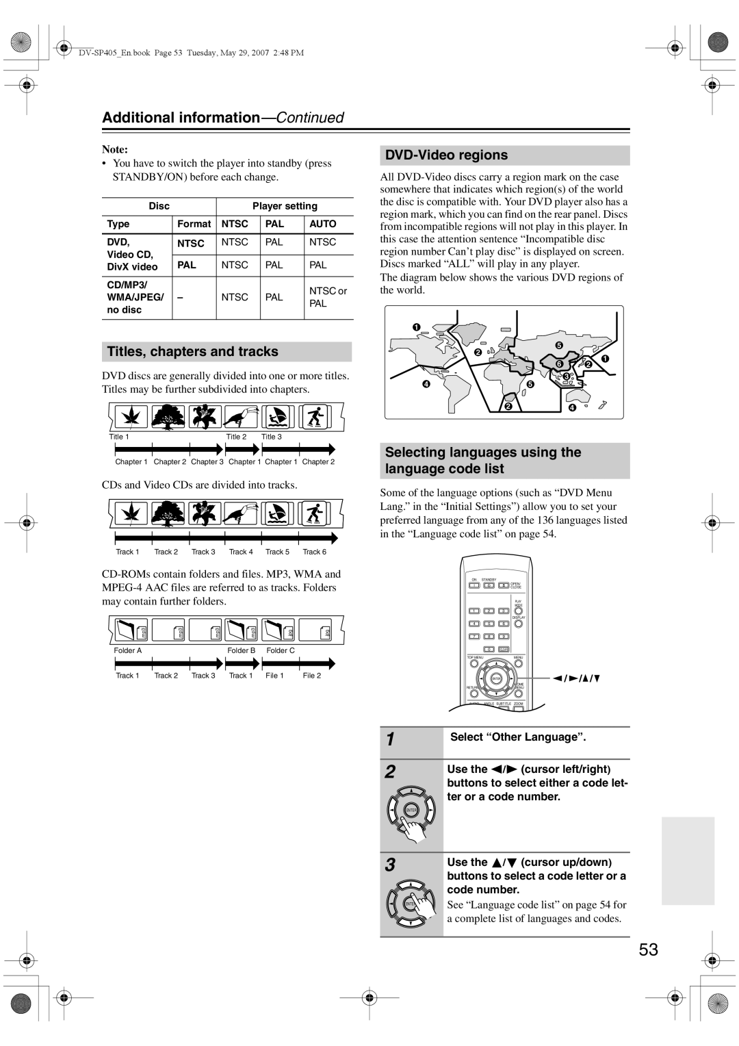 Onkyo DV-SP405 instruction manual Additional information, Titles, chapters and tracks, DVD-Video regions 