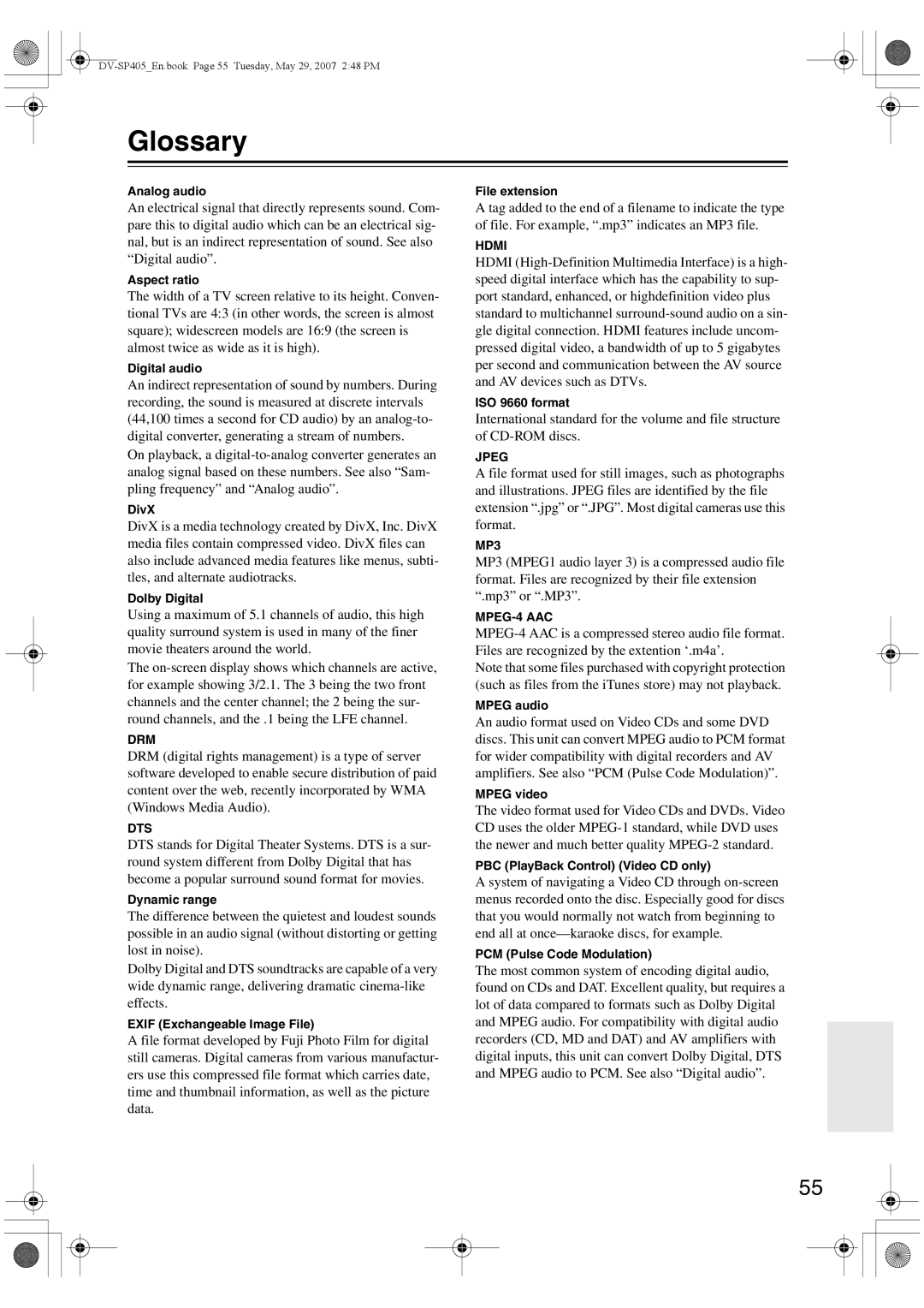 Onkyo DV-SP405 instruction manual Glossary 