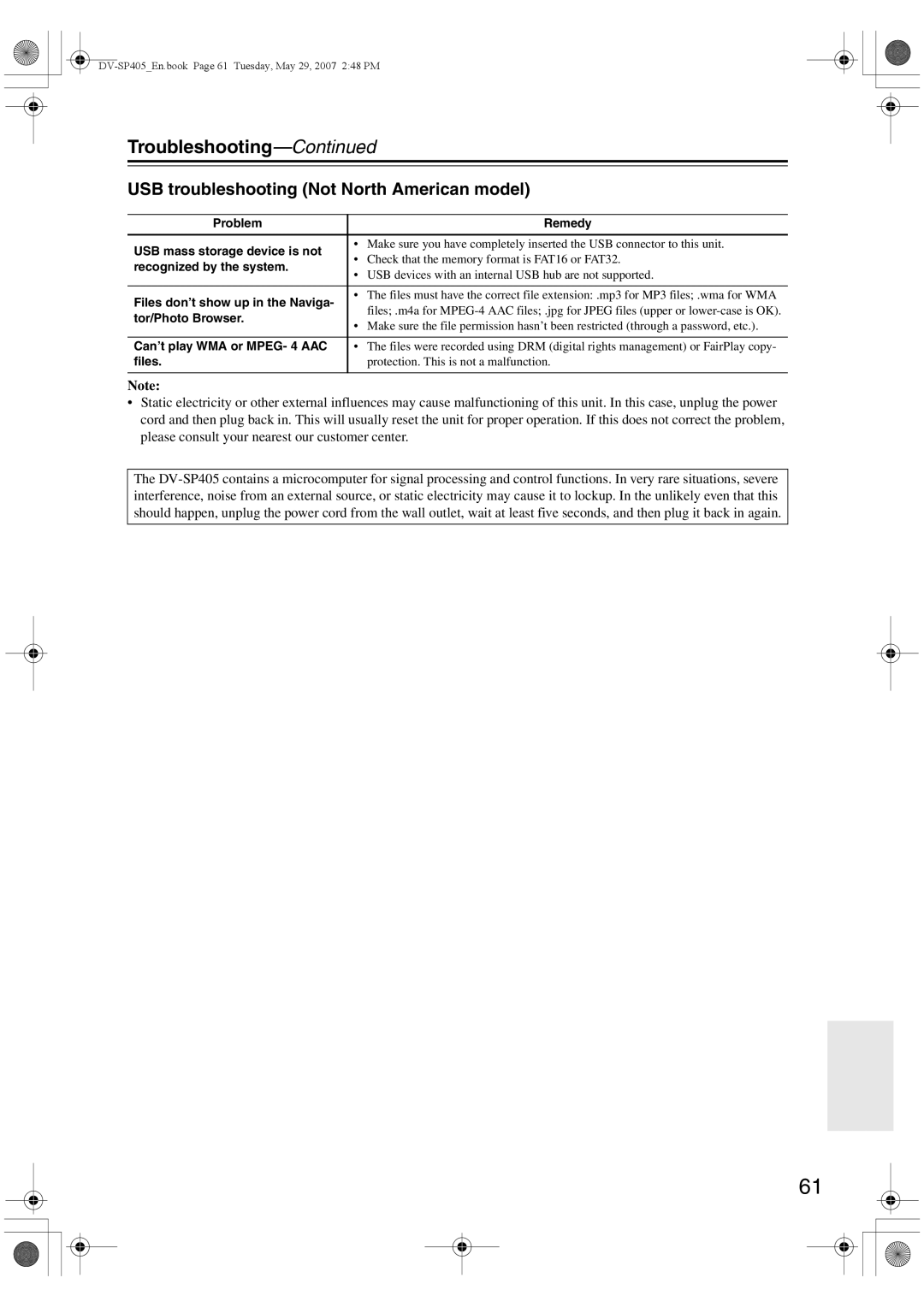 Onkyo DV-SP405 instruction manual USB troubleshooting Not North American model 