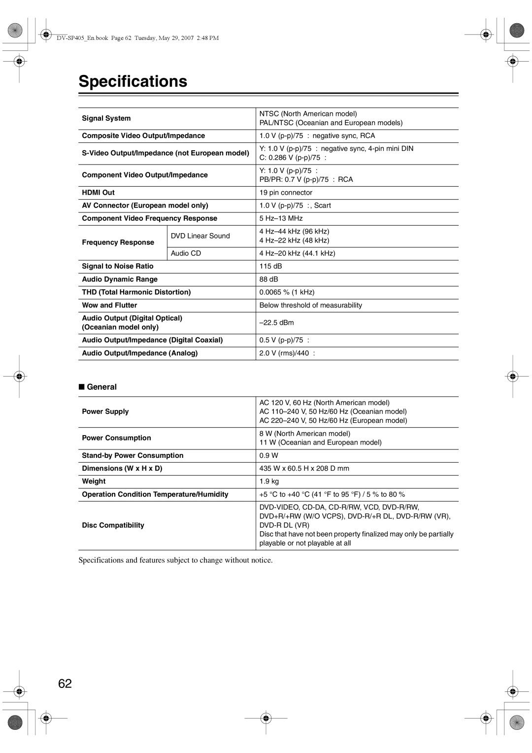 Onkyo DV-SP405 instruction manual Specifications, General 