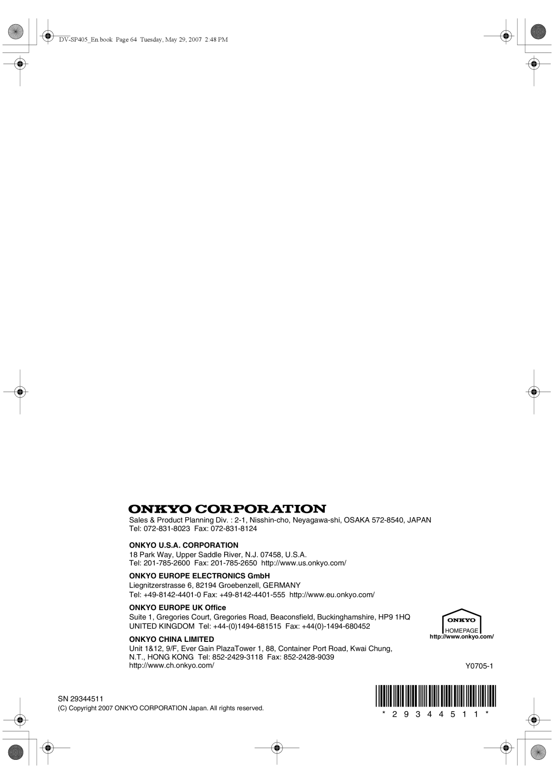 Onkyo DV-SP405 instruction manual Onkyo Europe Electronics GmbH, Onkyo Europe UK Office 