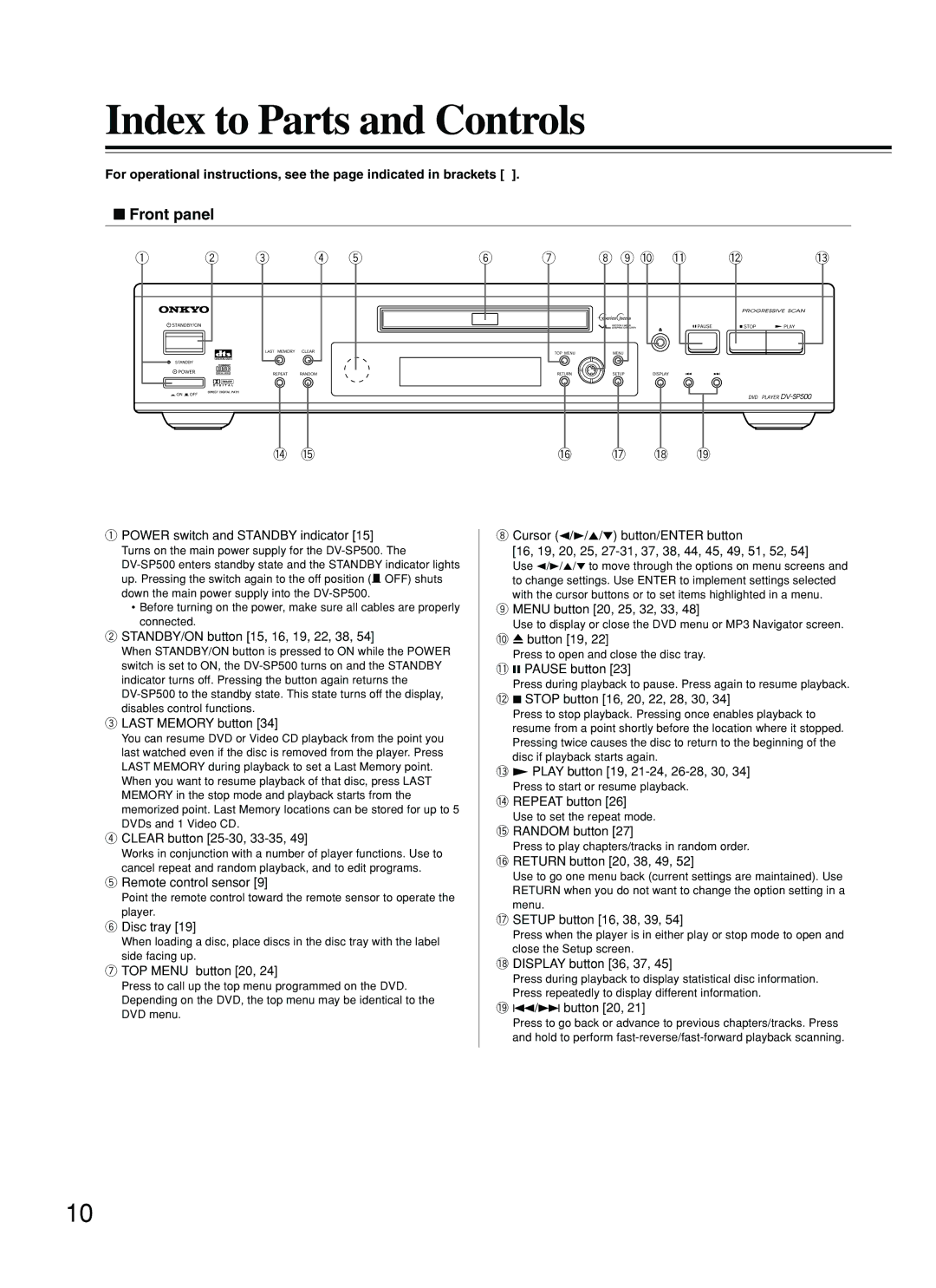 Onkyo DV-SP500 instruction manual Index to Parts and Controls, Front panel 