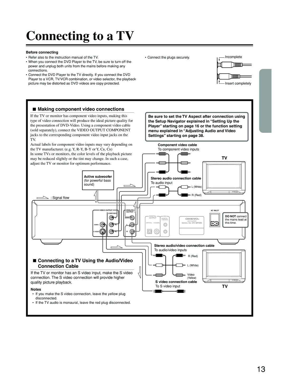 Onkyo DV-SP500 instruction manual Connecting to a TV, Making component video connections 