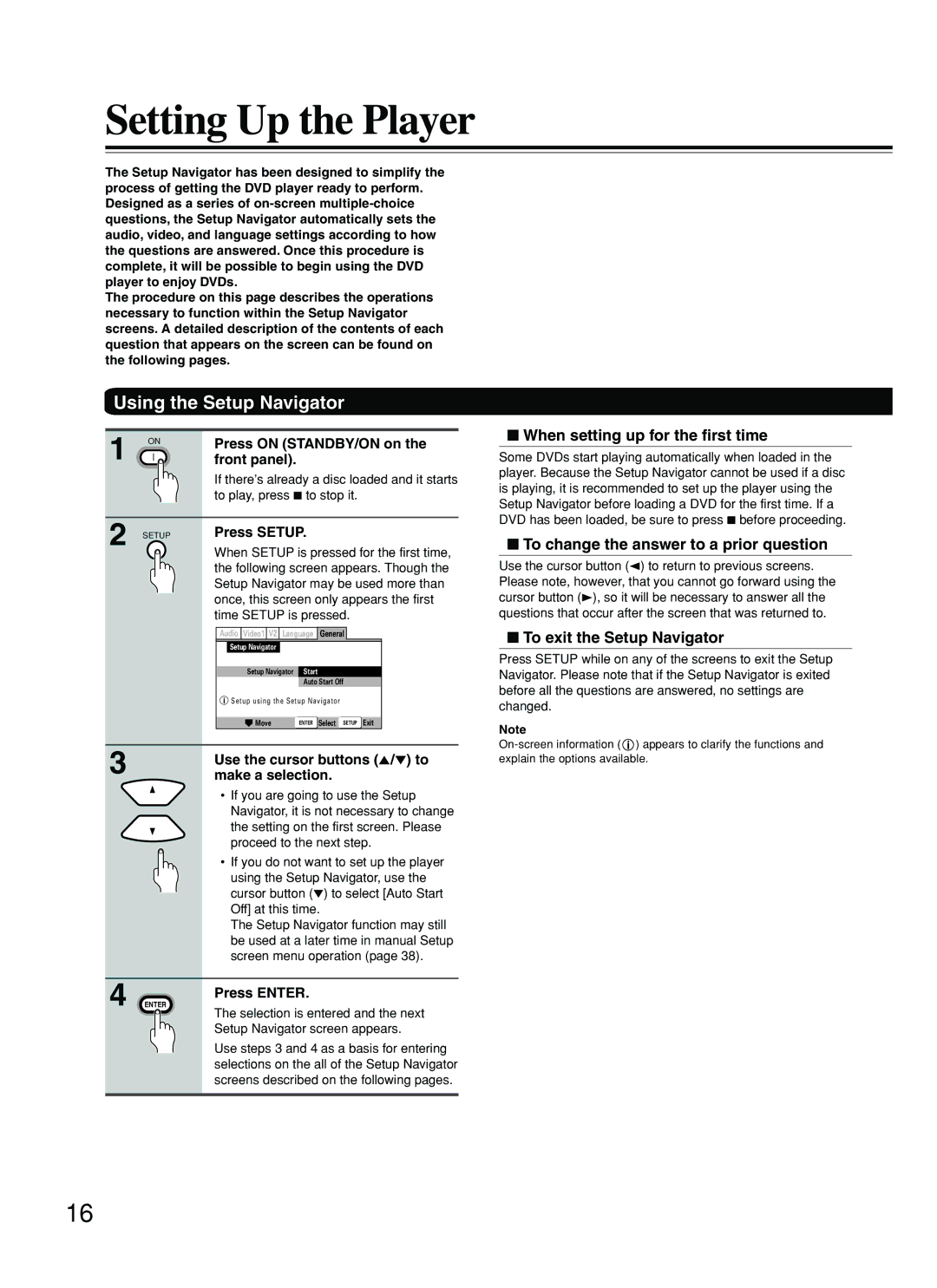 Onkyo DV-SP500 instruction manual Setting Up the Player, Using the Setup Navigator, When setting up for the first time 