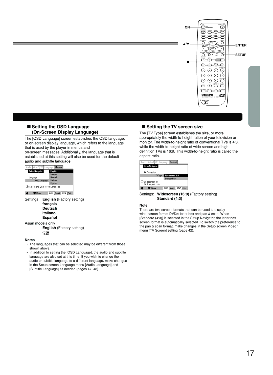 Onkyo DV-SP500 Setting the OSD Language On-Screen Display Language, Setting the TV screen size, Deutsch Italiano Español 