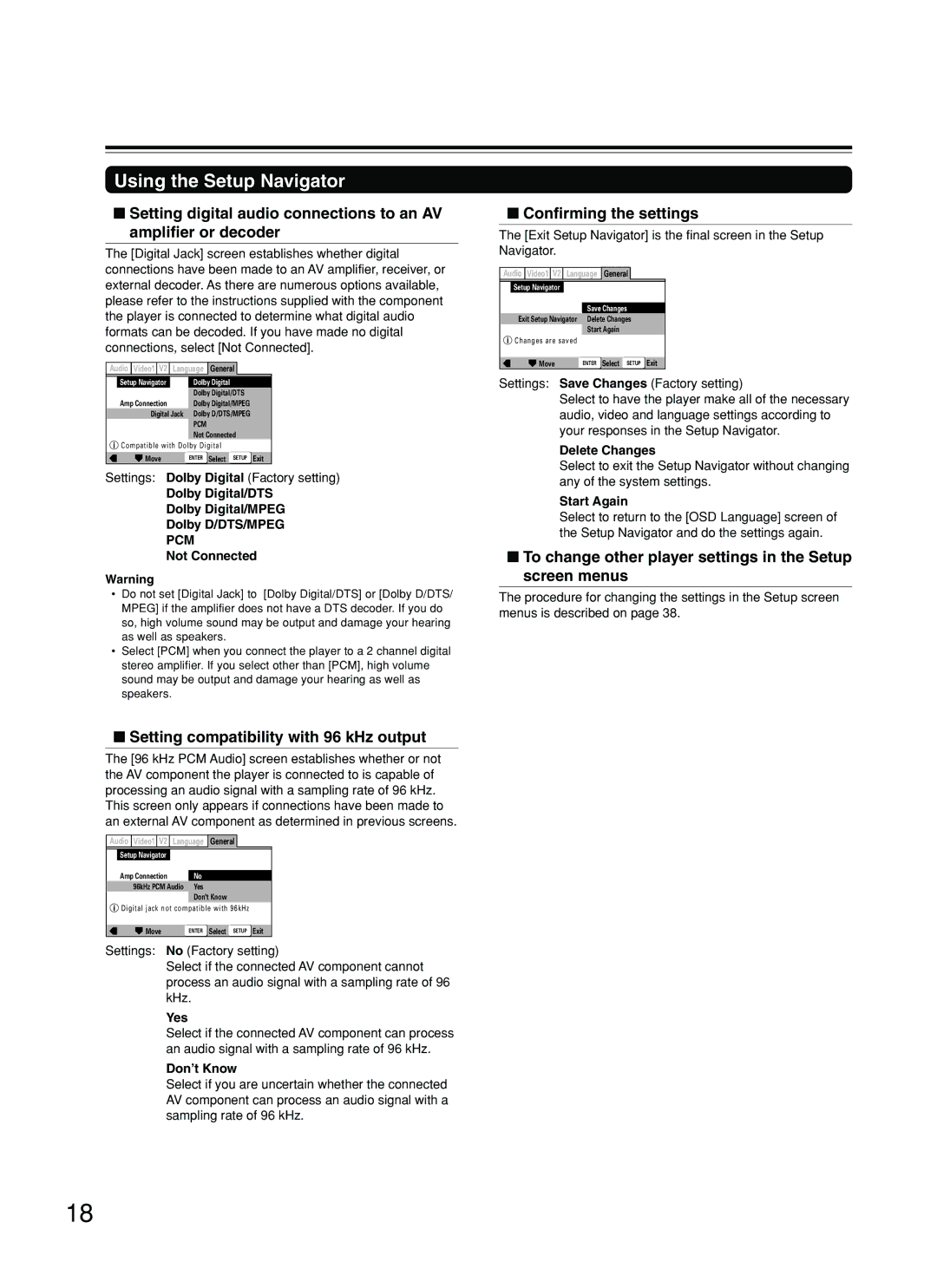 Onkyo DV-SP500 instruction manual Setting compatibility with 96 kHz output, Confirming the settings 