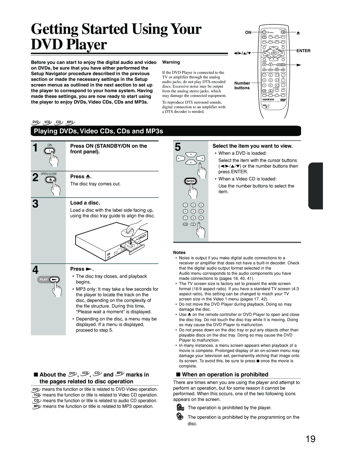 Onkyo DV-SP500 instruction manual Getting Started Using Your DVD Player, Playing DVDs, Video CDs, CDs and MP3s 