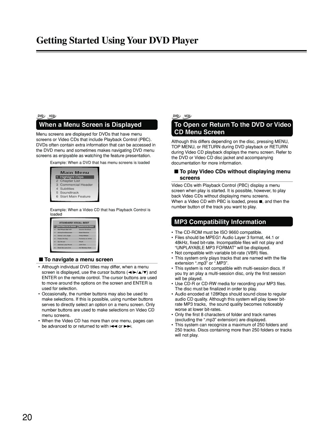 Onkyo DV-SP500 instruction manual When a Menu Screen is Displayed, To Open or Return To the DVD or Video CD Menu Screen 