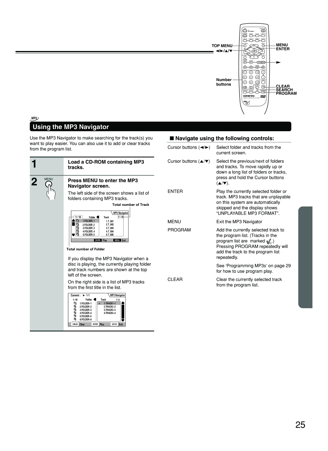 Onkyo DV-SP500 instruction manual Using the MP3 Navigator, Navigate using the following controls 