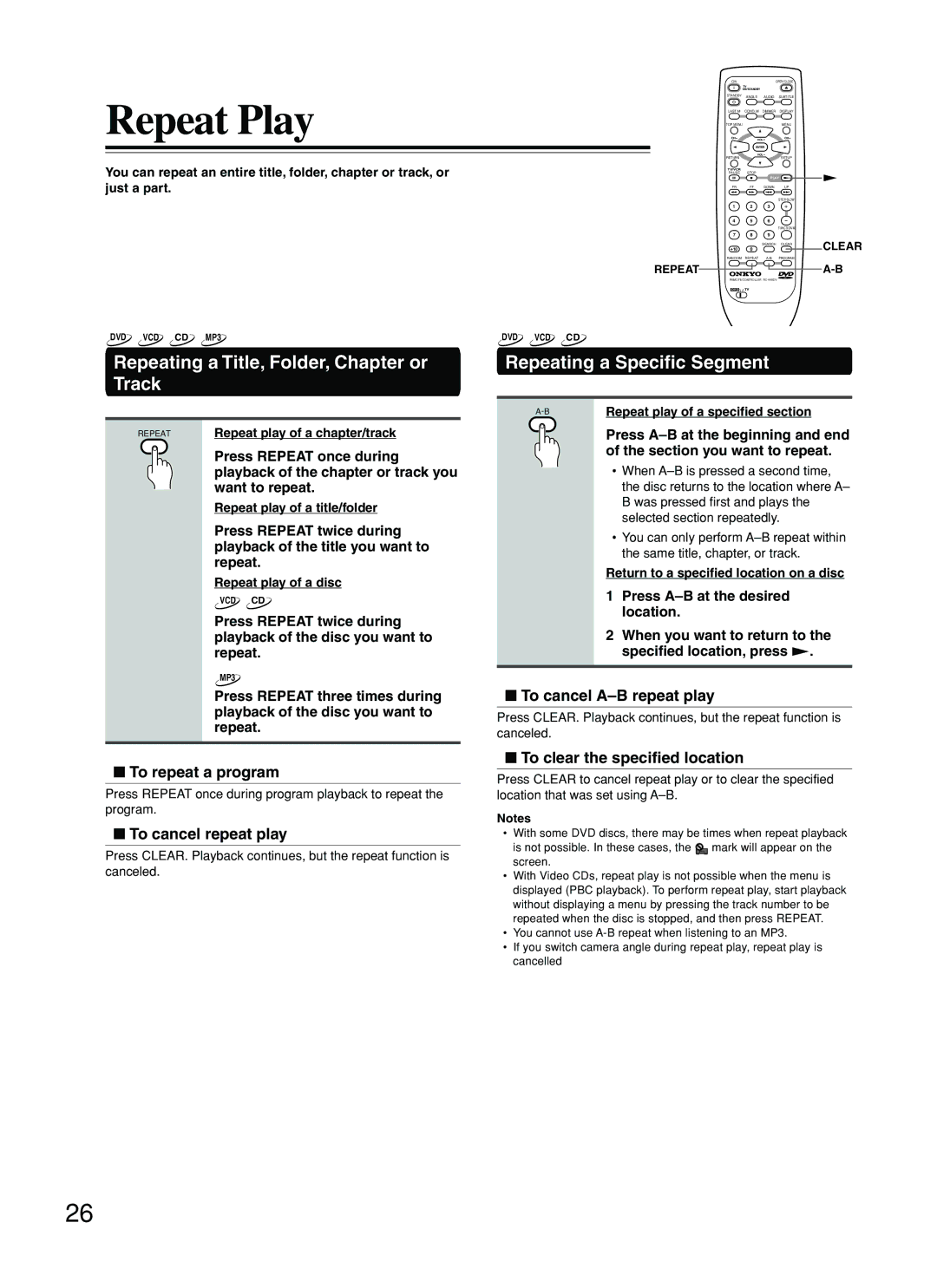 Onkyo DV-SP500 instruction manual Repeat Play, Repeating a Title, Folder, Chapter or Track, Repeating a Specific Segment 