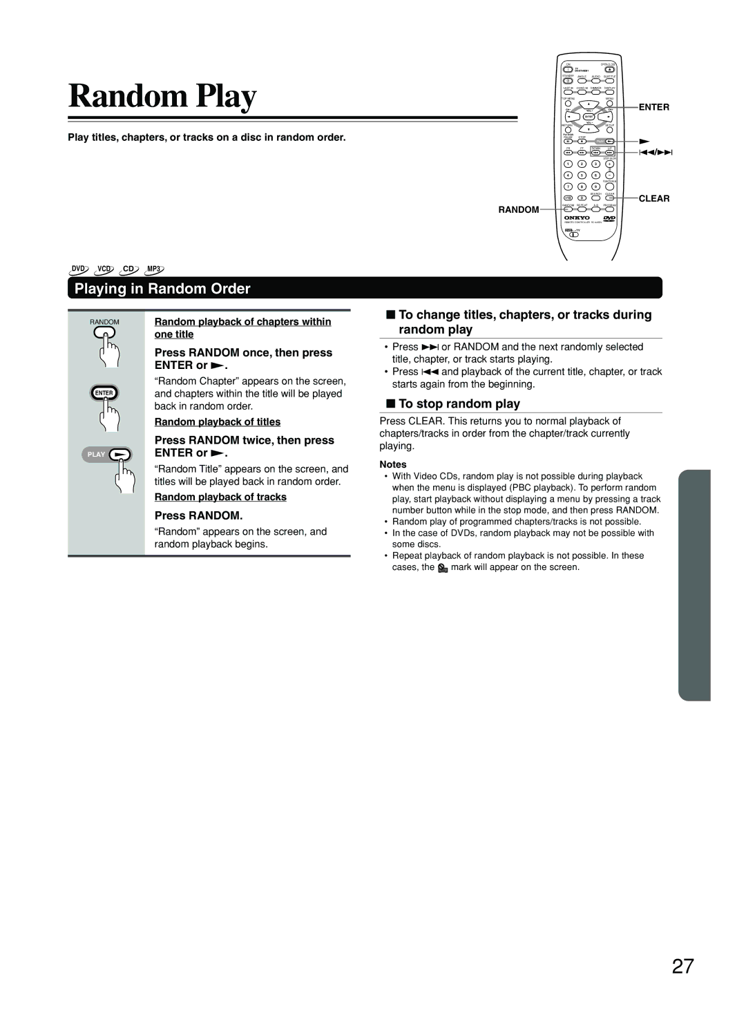Onkyo DV-SP500 Random Play, Playing in Random Order, To change titles, chapters, or tracks during random play 