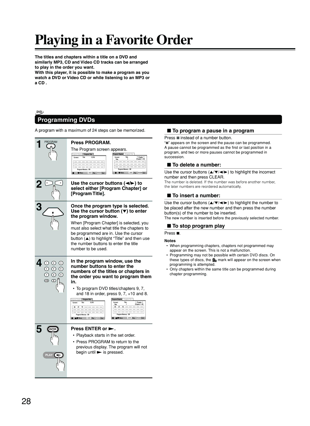 Onkyo DV-SP500 instruction manual Playing in a Favorite Order, Programming DVDs 