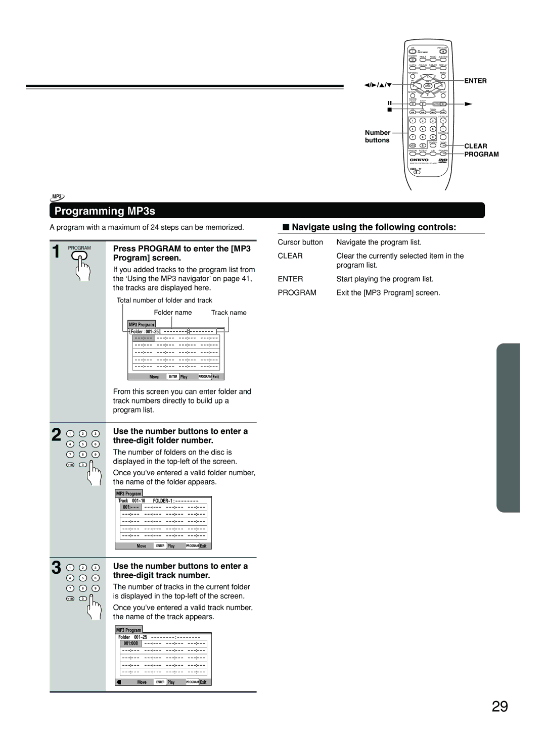 Onkyo DV-SP500 instruction manual Programming MP3s, Press Program to enter the MP3, Program screen 