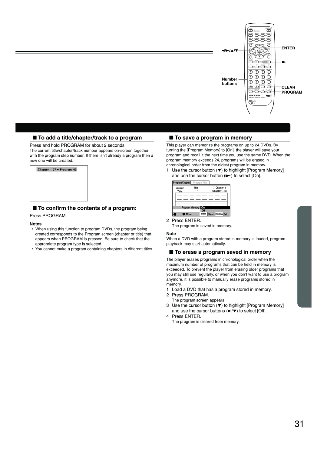 Onkyo DV-SP500 To add a title/chapter/track to a program, To save a program in memory, To erase a program saved in memory 