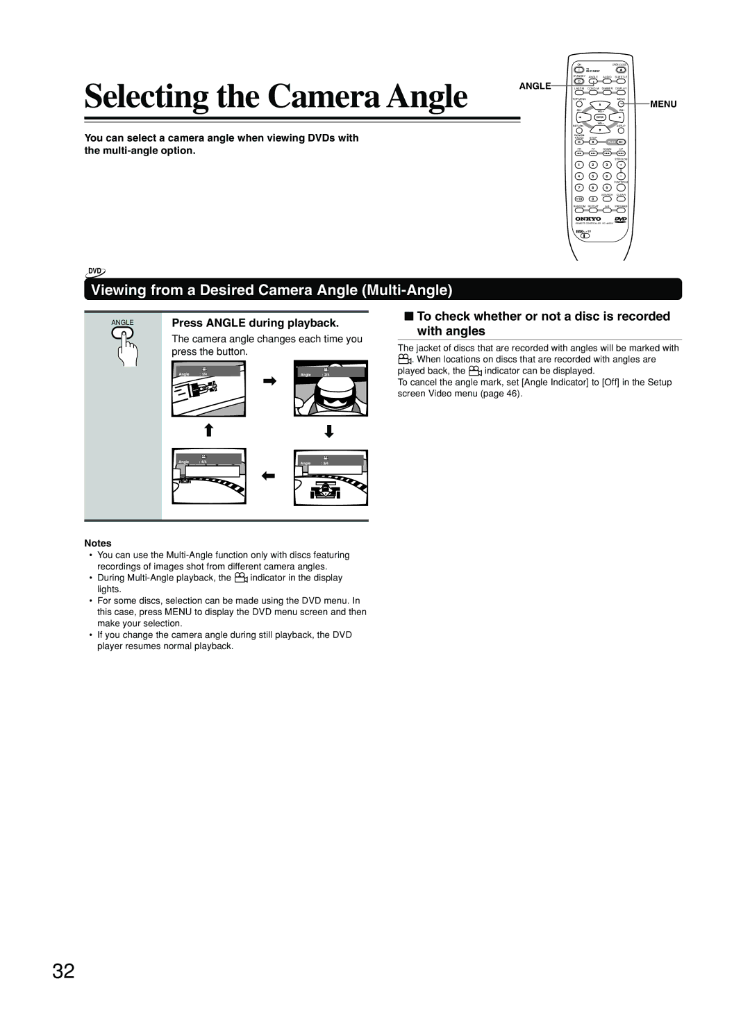 Onkyo DV-SP500 Selecting the Camera Angle, Viewing from a Desired Camera Angle Multi-Angle, Press Angle during playback 