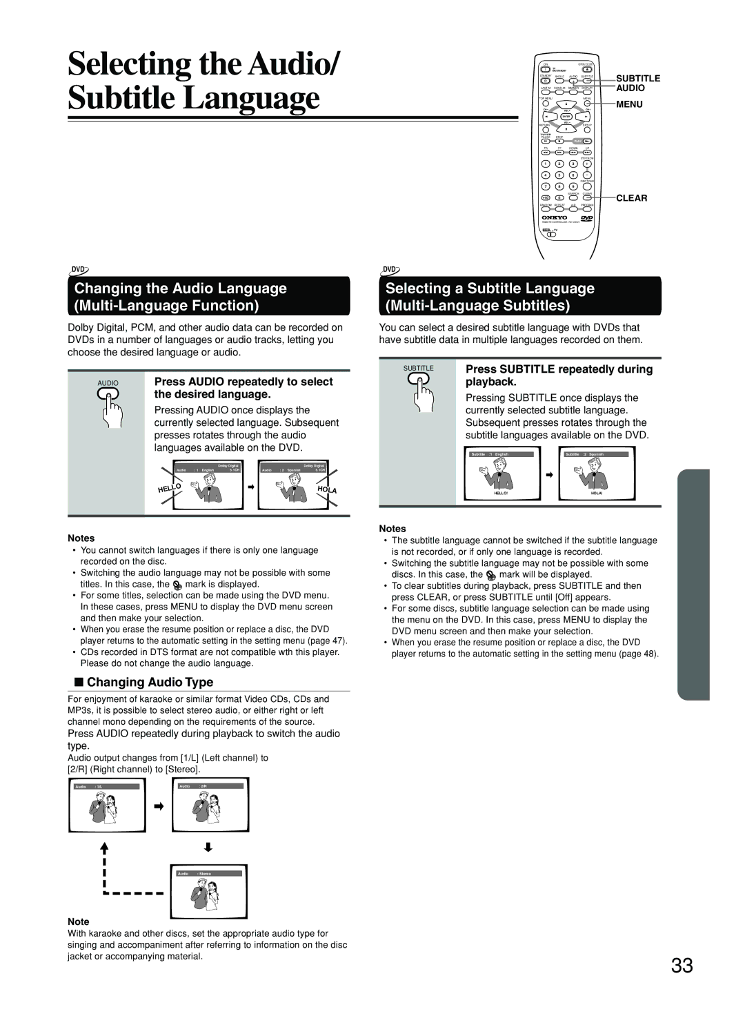 Onkyo DV-SP500 Changing the Audio Language Multi-Language Function, Selecting a Subtitle Language Multi-Language Subtitles 