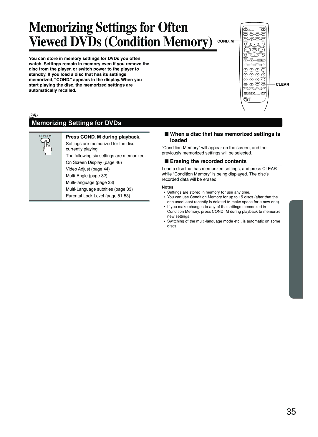 Onkyo DV-SP500 Memorizing Settings for Often, Memorizing Settings for DVDs, Erasing the recorded contents 