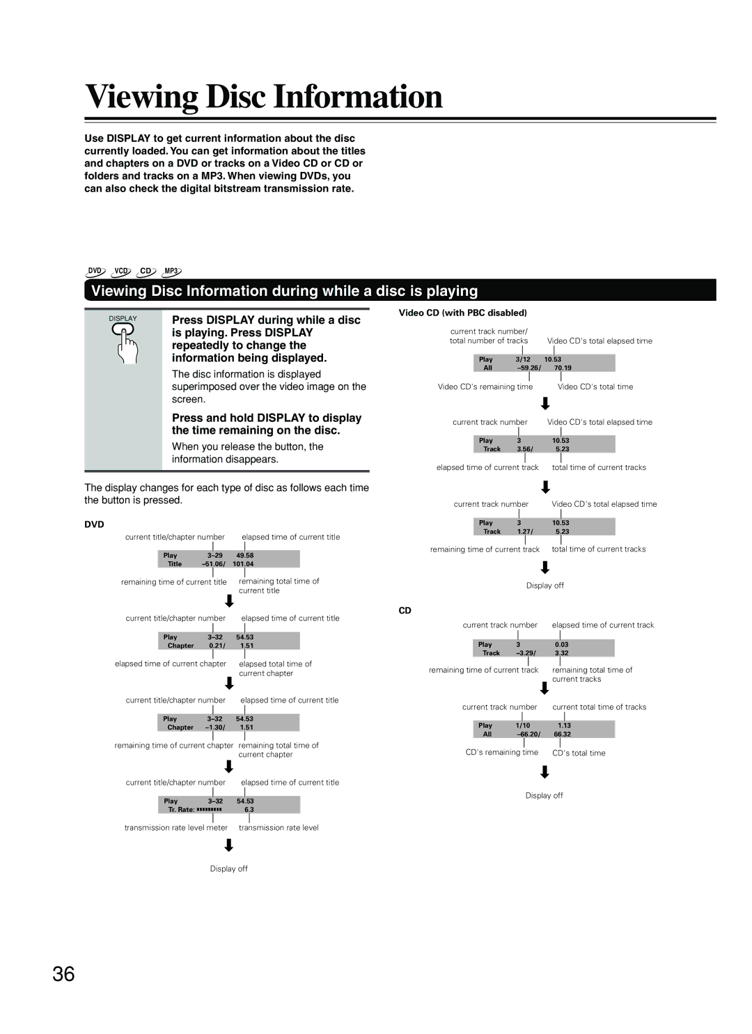 Onkyo DV-SP500 instruction manual Viewing Disc Information during while a disc is playing 