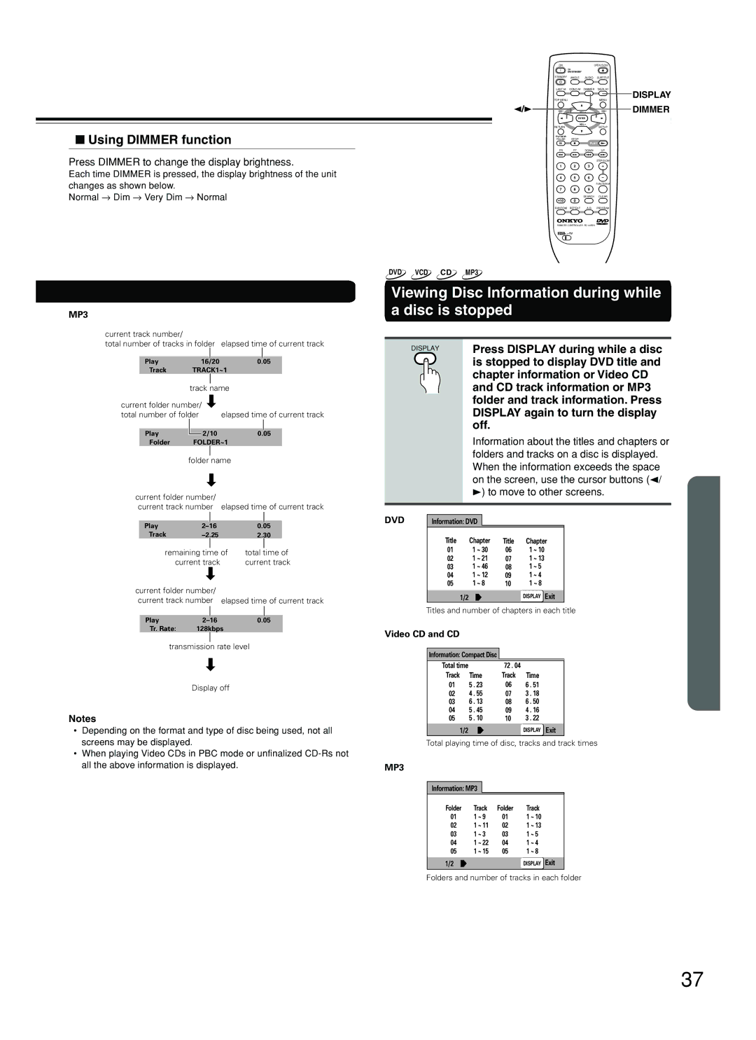 Onkyo DV-SP500 instruction manual Viewing Disc Information during while a disc is stopped, Using Dimmer function 