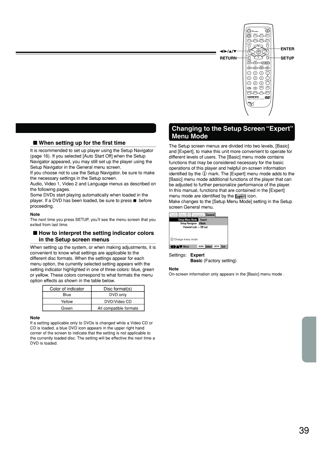 Onkyo DV-SP500 Changing to the Setup Screen Expert Menu Mode, Settings Expert Basic Factory setting, Return Setup 