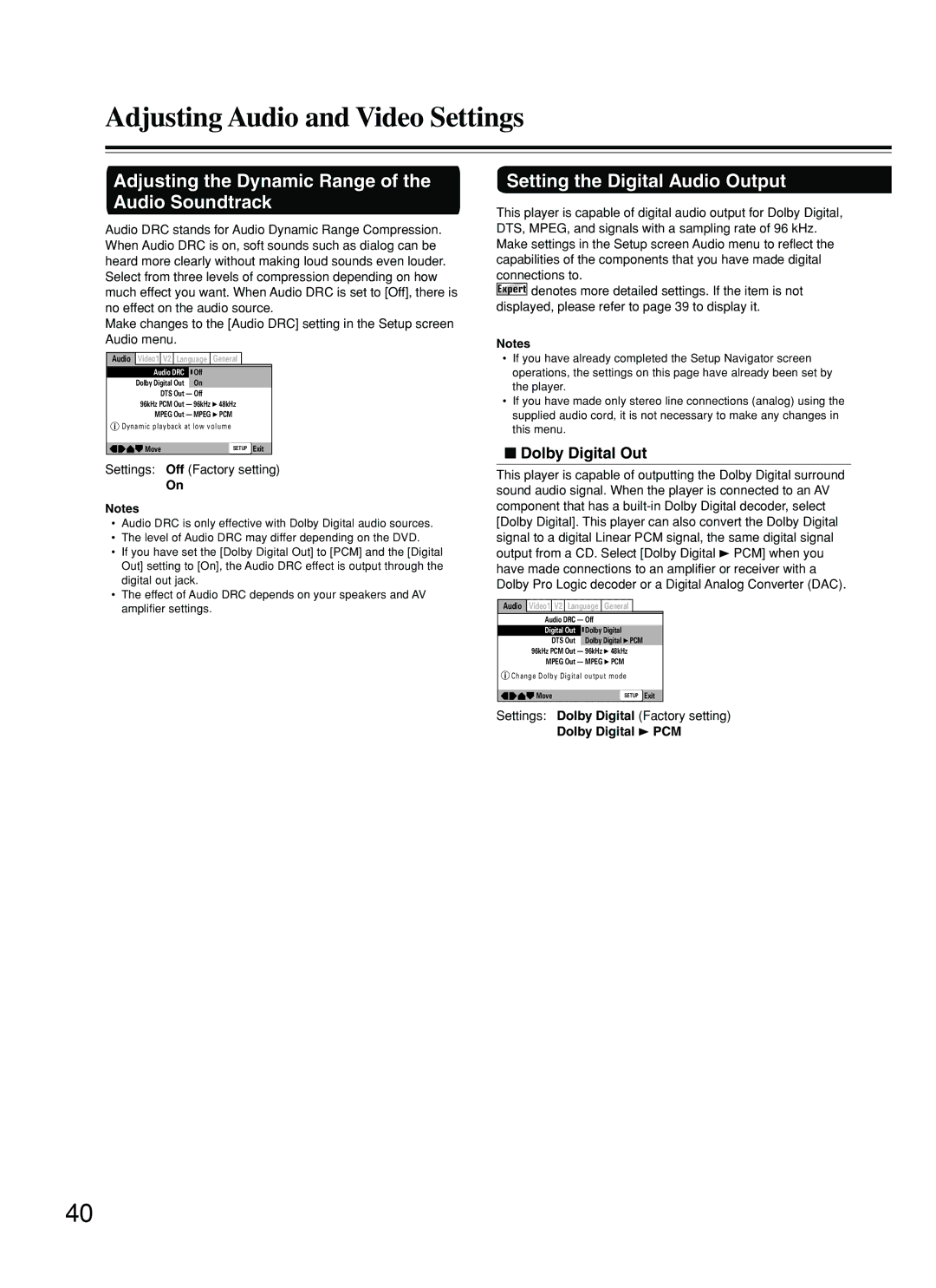 Onkyo DV-SP500 Adjusting the Dynamic Range of the Audio Soundtrack, Setting the Digital Audio Output, Dolby Digital Out 