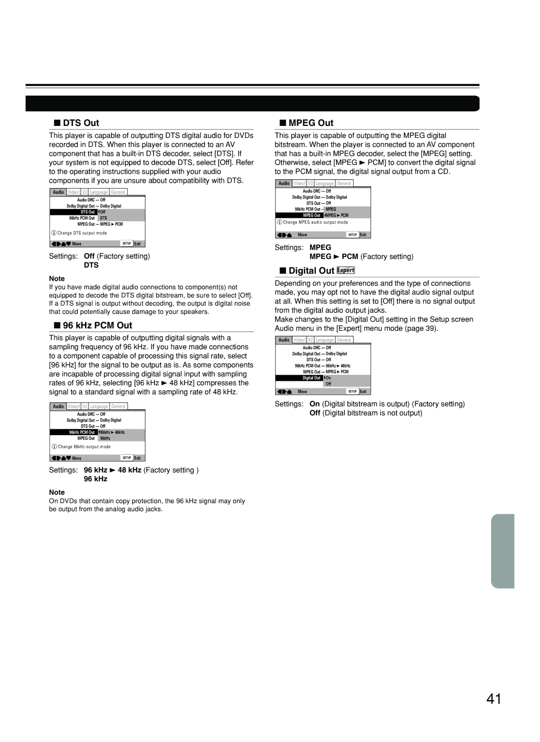 Onkyo DV-SP500 instruction manual DTS Out, KHz PCM Out, Mpeg Out, Digital Out Expert 