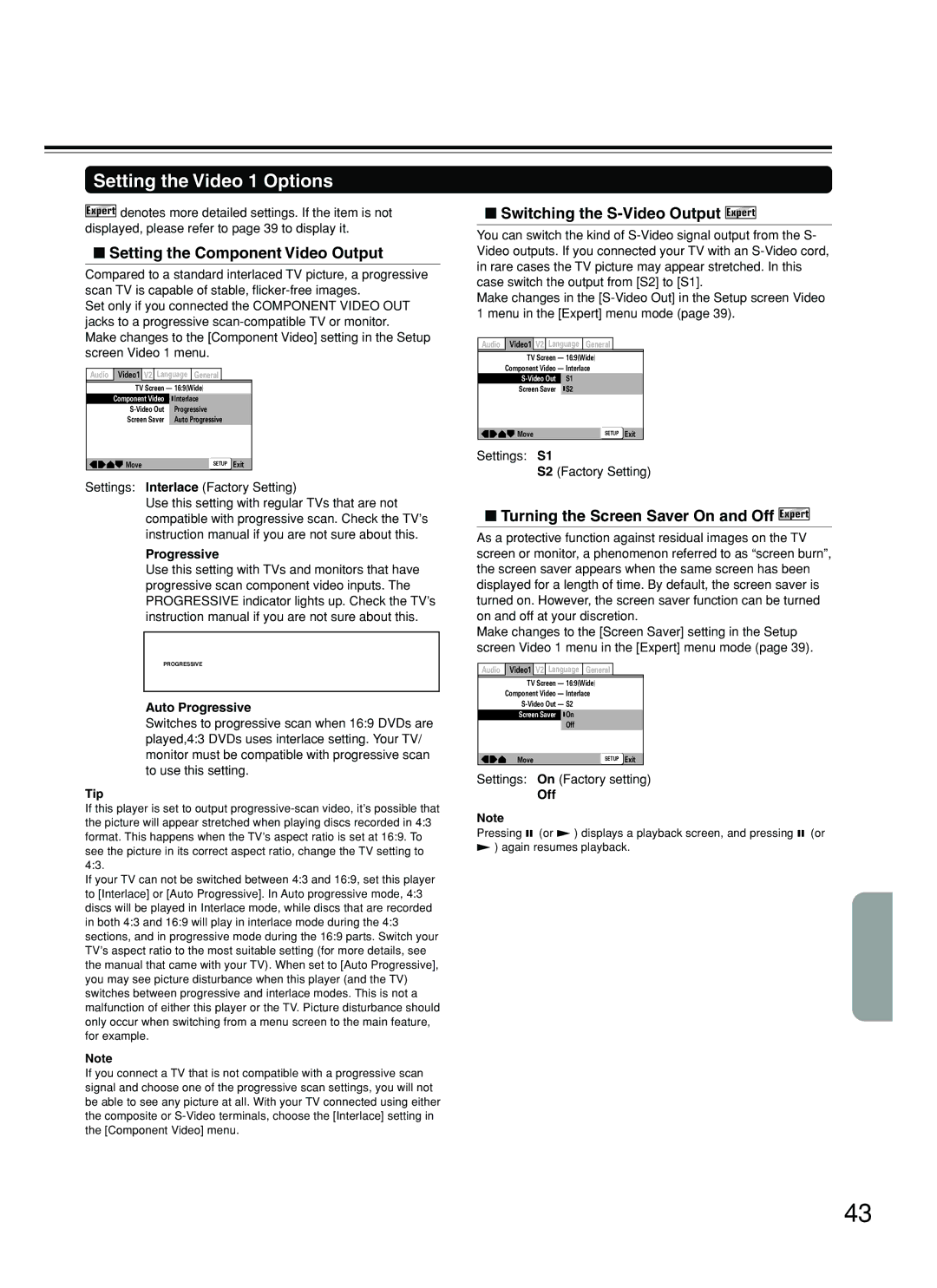 Onkyo DV-SP500 Setting the Video 1 Options, Setting the Component Video Output, Switching the S-Video Output Expert 