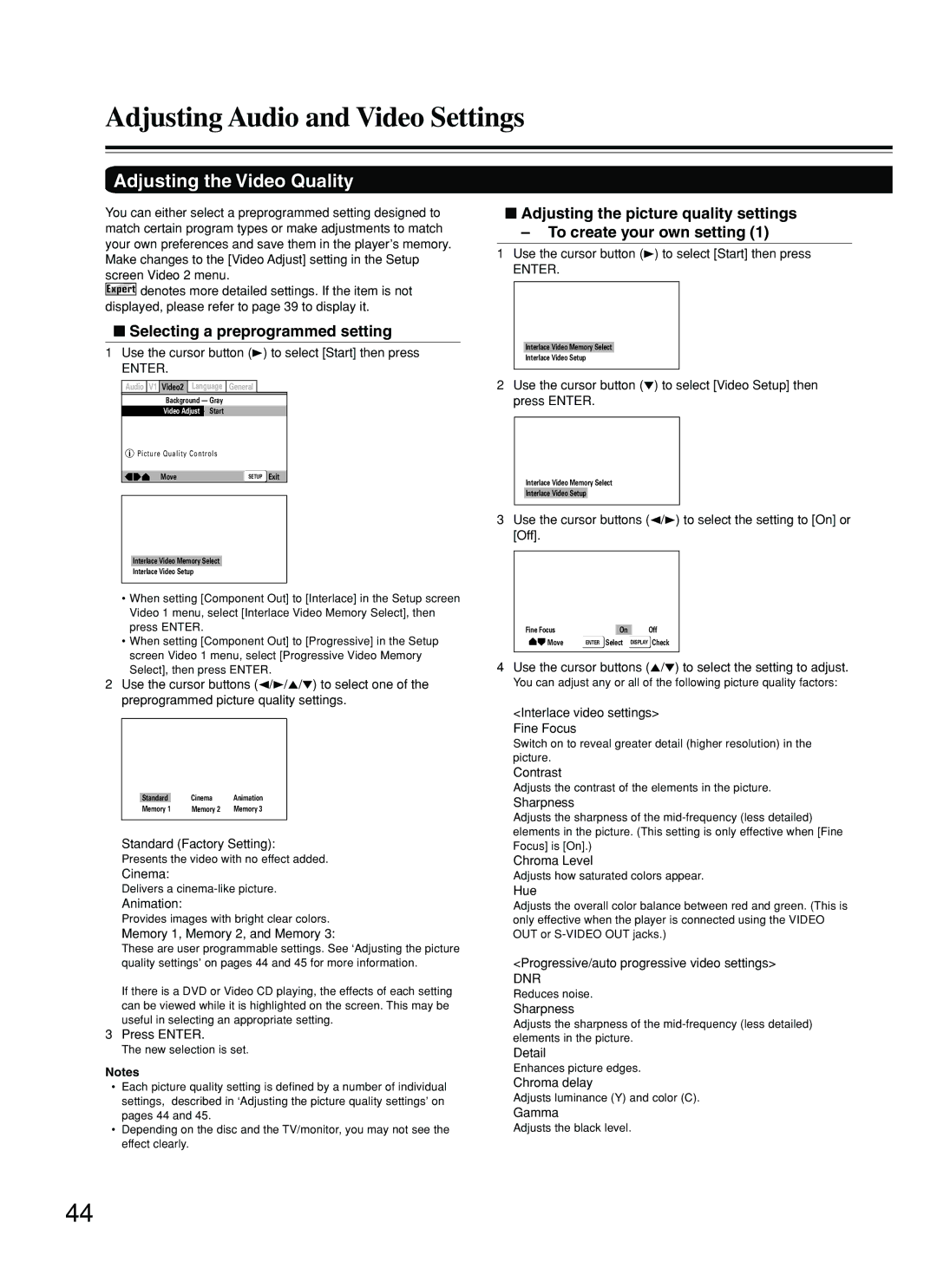 Onkyo DV-SP500 instruction manual Adjusting the Video Quality, Selecting a preprogrammed setting 