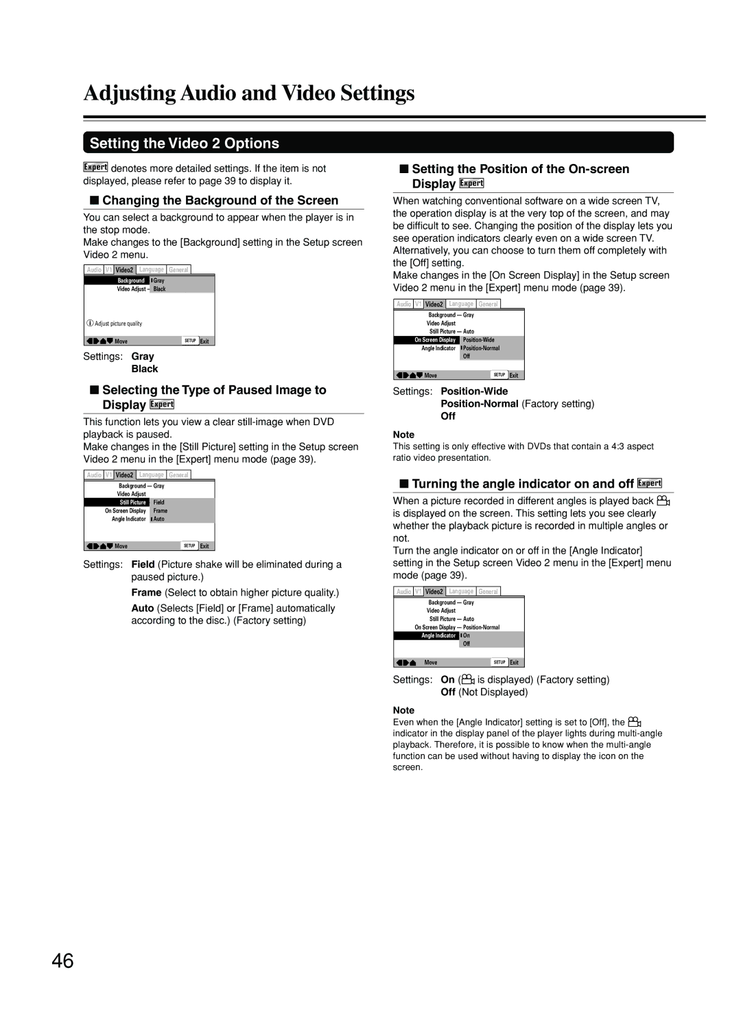 Onkyo DV-SP500 instruction manual Setting the Video 2 Options, Changing the Background of the Screen 