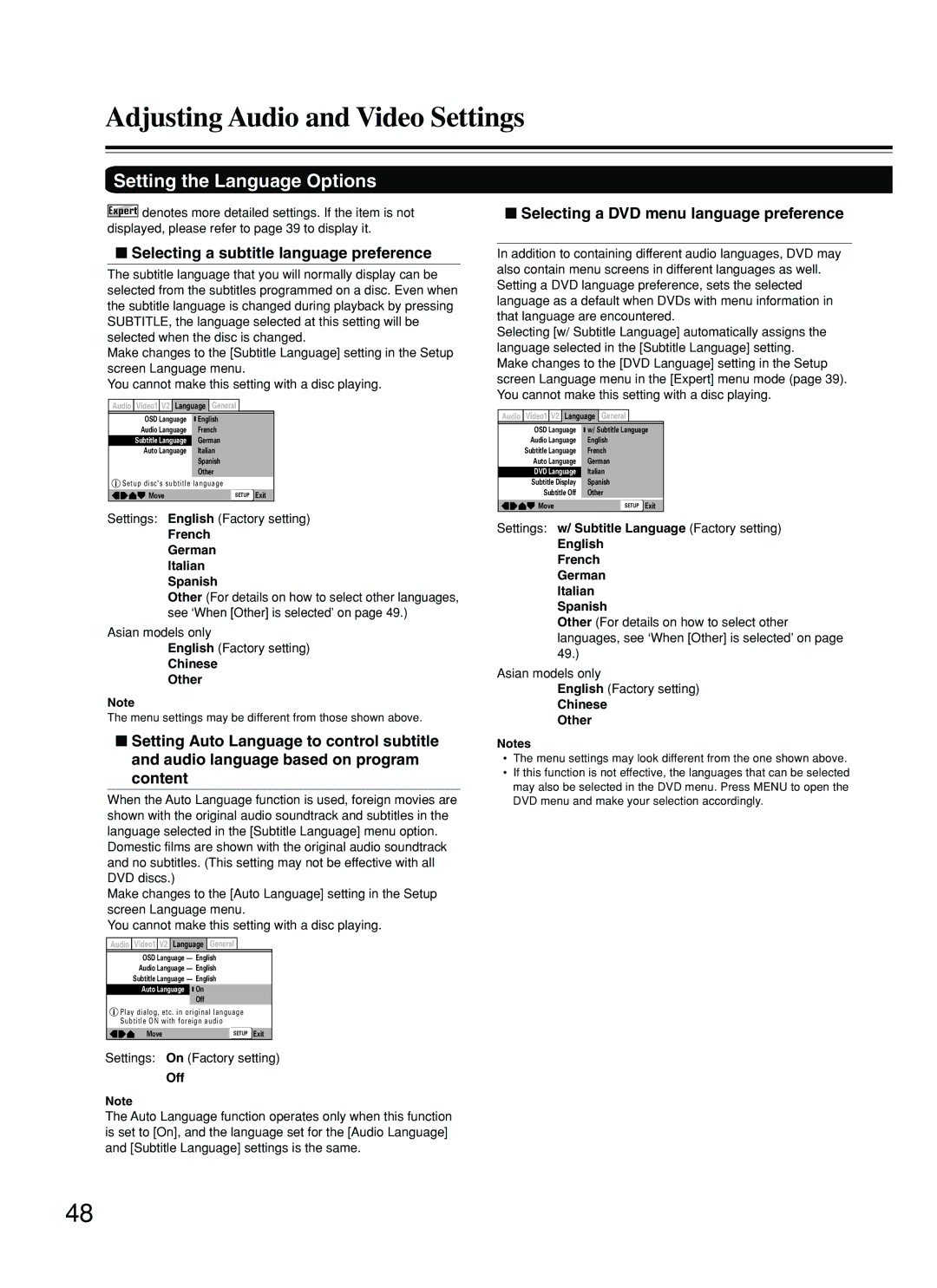 Onkyo DV-SP500 instruction manual Selecting a subtitle language preference, Selecting a DVD menu language preference 