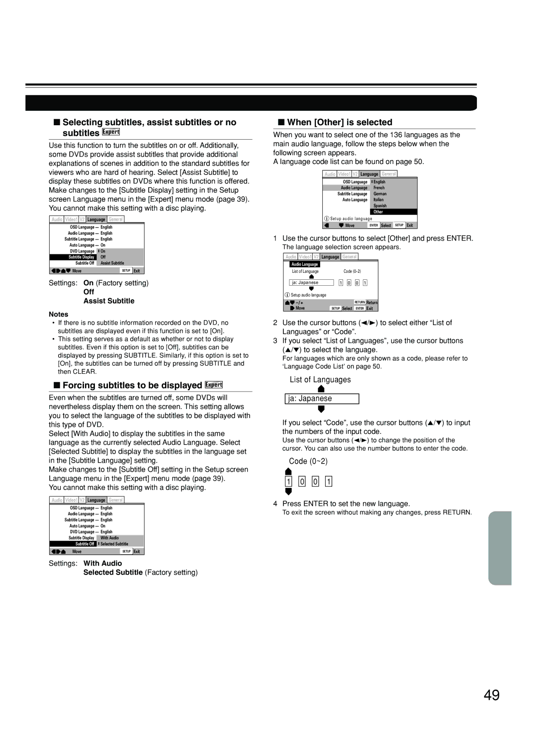 Onkyo DV-SP500 instruction manual Forcing subtitles to be displayed Expert, When Other is selected, Off Assist Subtitle 