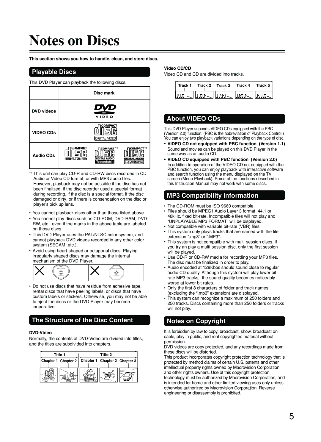 Onkyo DV-SP500 Playable Discs, About Video CDs, MP3 Compatibility Information, Structure of the Disc Content 