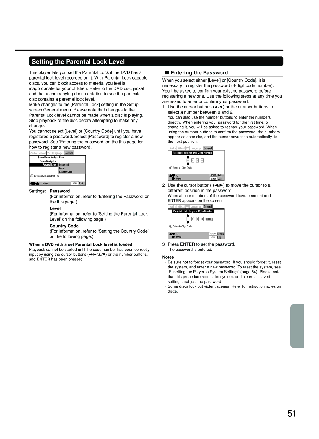 Onkyo DV-SP500 instruction manual Setting the Parental Lock Level, Entering the Password, Settings Password, Country Code 