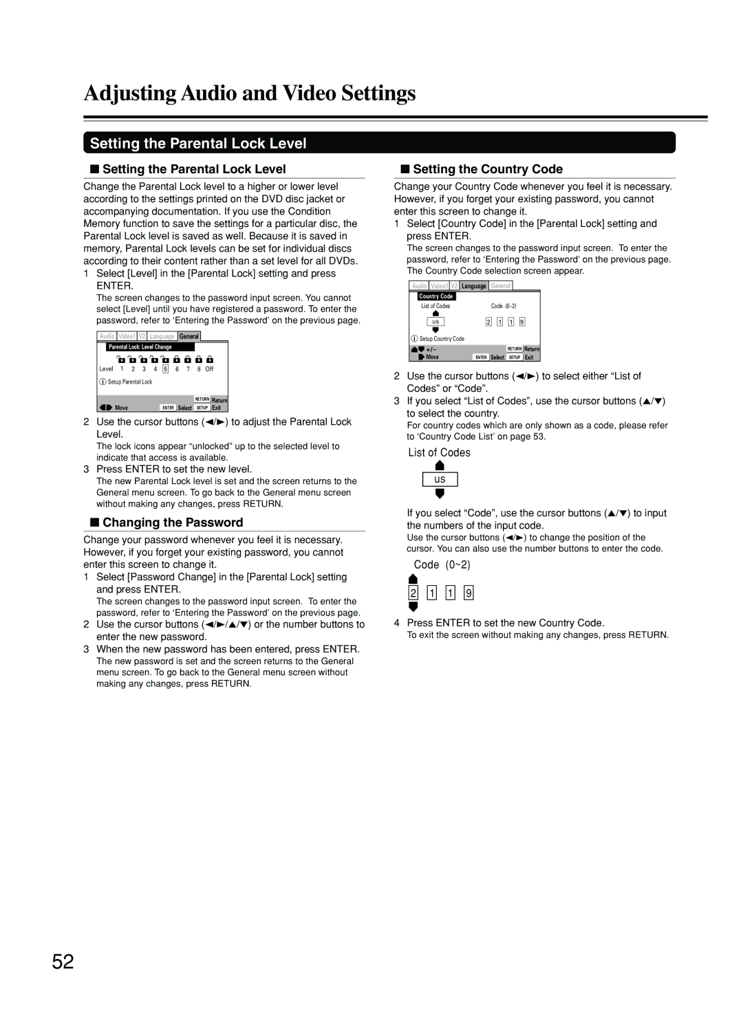 Onkyo DV-SP500 instruction manual Setting the Parental Lock Level, Changing the Password, Setting the Country Code 