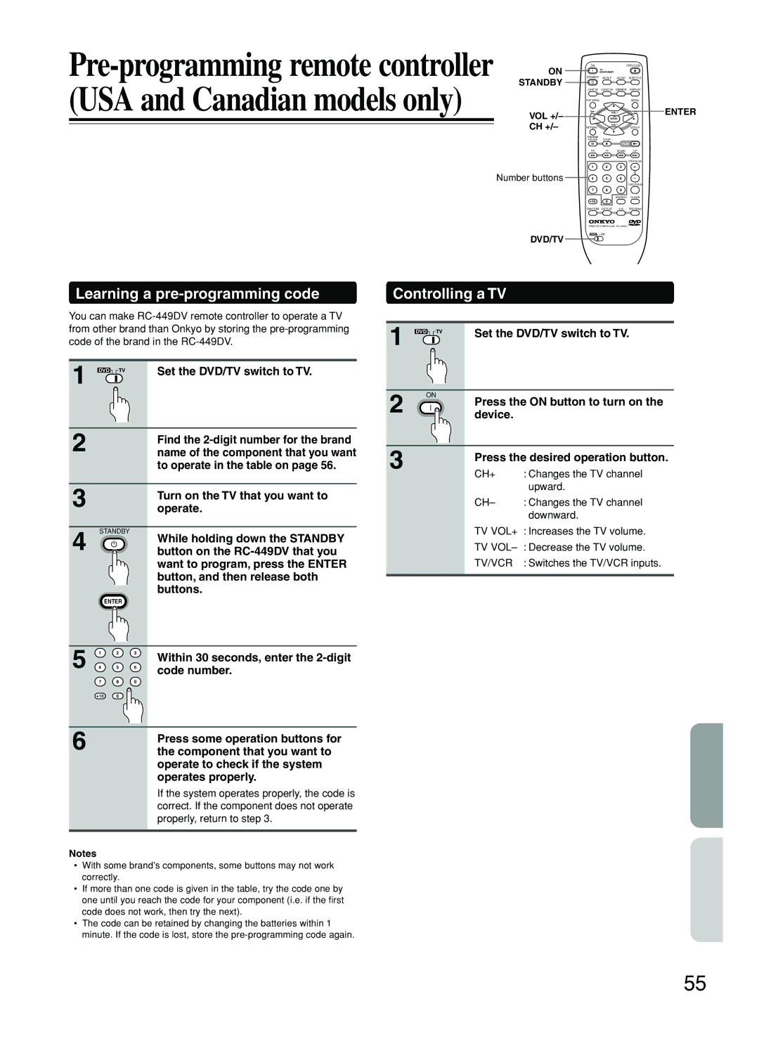 Onkyo DV-SP500 instruction manual Learning a pre-programming code, Controlling a TV 