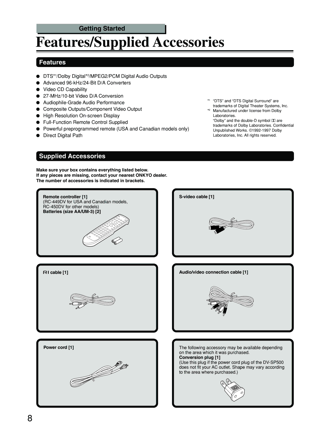 Onkyo DV-SP500 instruction manual Features/Supplied Accessories, Conversion plug 