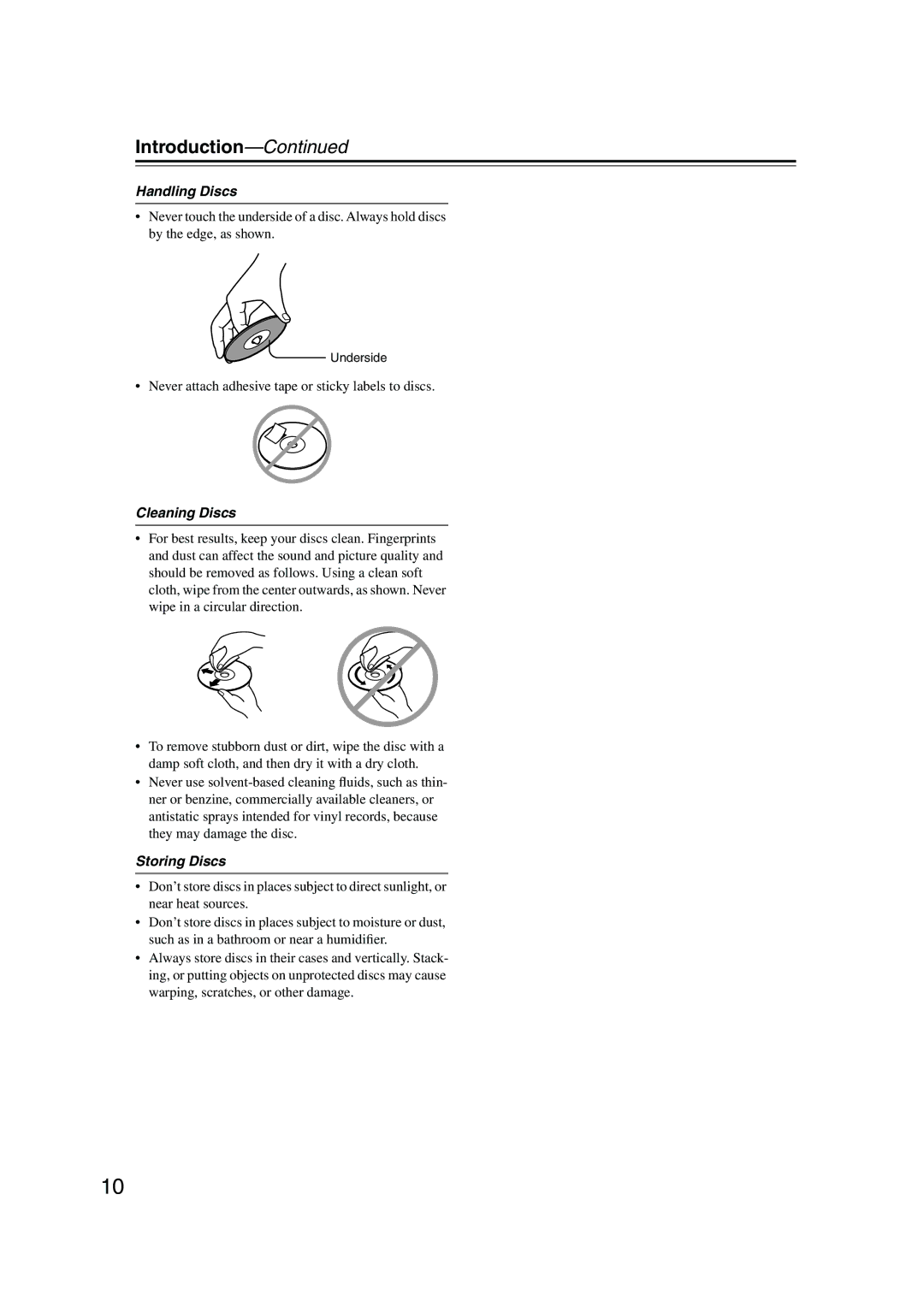 Onkyo DV-SP501 Handling Discs, Never attach adhesive tape or sticky labels to discs, Cleaning Discs, Storing Discs 