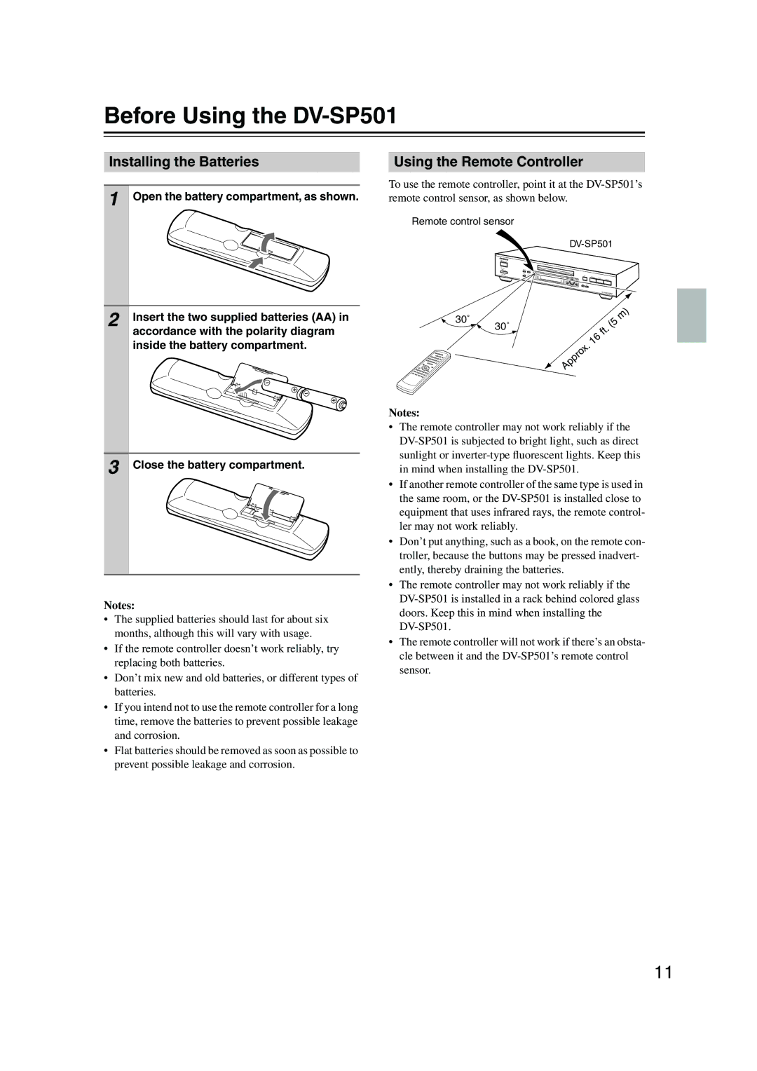 Onkyo Before Using the DV-SP501, Installing the Batteries, Using the Remote Controller, Close the battery compartment 