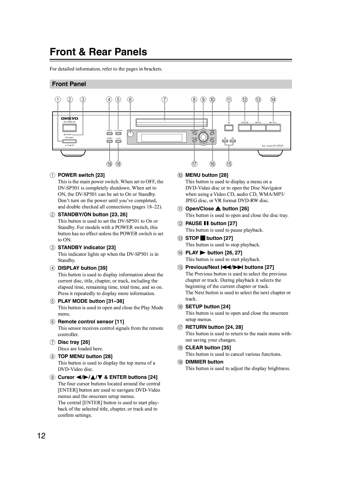 Onkyo DV-SP501 instruction manual Front & Rear Panels, Front Panel 