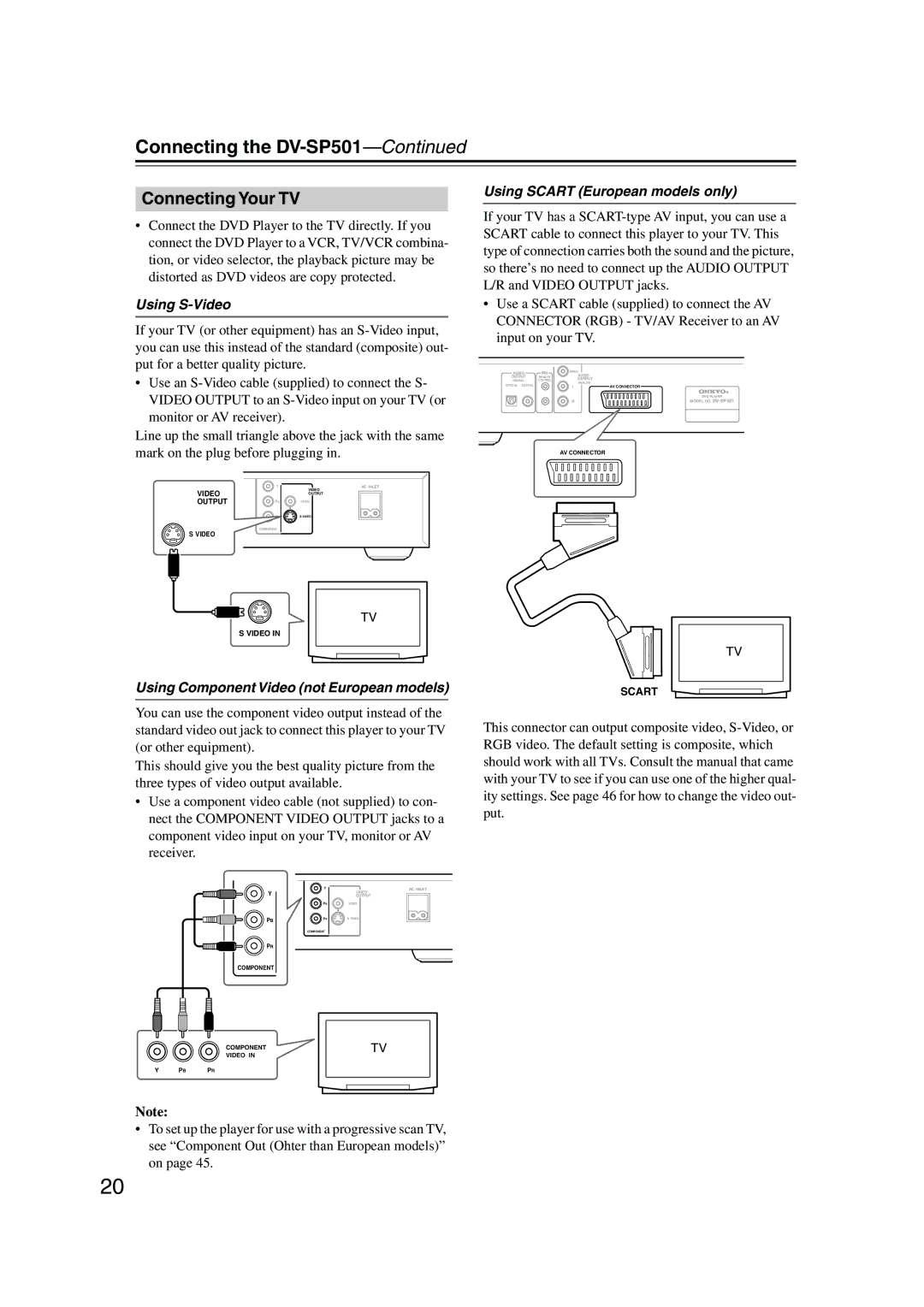 Onkyo DV-SP501 instruction manual Connecting Your TV, Using S-Video, Using Scart European models only 