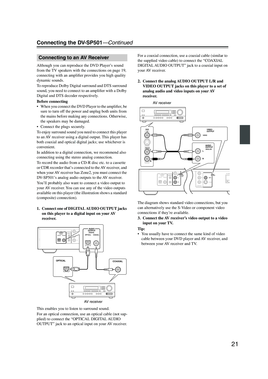 Onkyo DV-SP501 Connecting to an AV Receiver, Before connecting, This enables you to listen to surround sound 