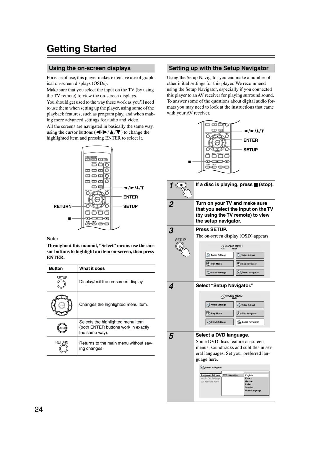 Onkyo DV-SP501 instruction manual Getting Started, Using the on-screen displays, Setting up with the Setup Navigator 