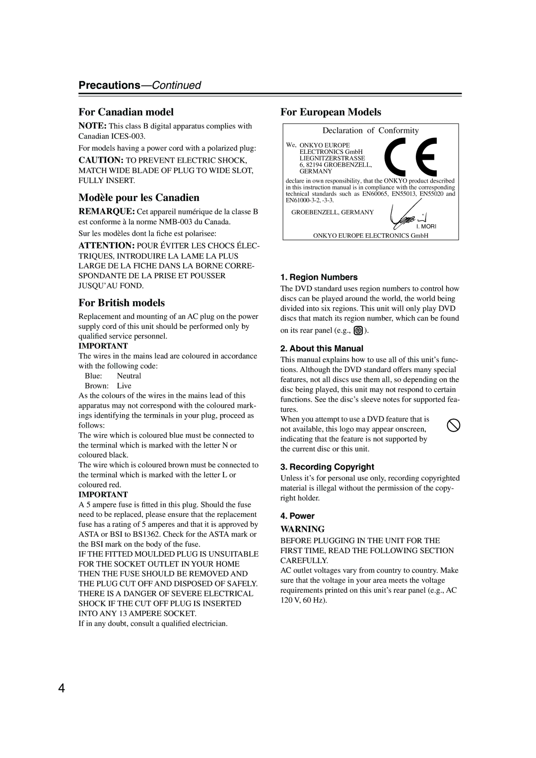 Onkyo DV-SP501 instruction manual Precautions, For models having a power cord with a polarized plug 